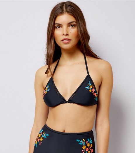 Black Floral Embroidered Bikini Top | New Look