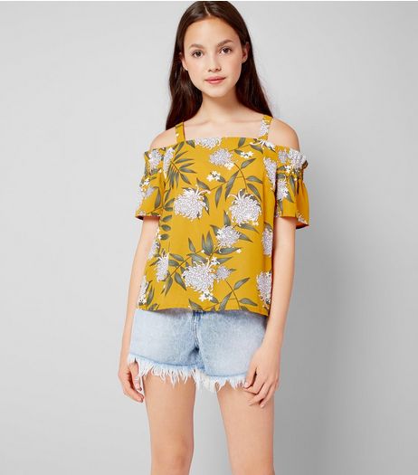 Teens Yellow Floral Print Cold Shoulder Top | New Look