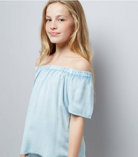 Teens Pale Blue Wash Bardot Neck Top | New Look