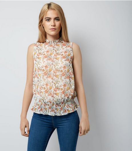 White Floral Shirred Waist Blouse | New Look