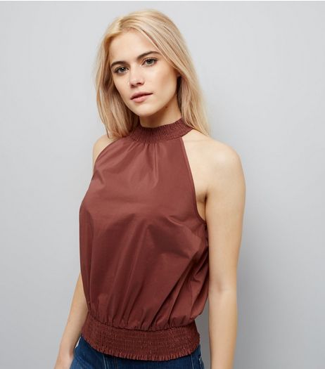 Light Brown High Neck Shirred Waist Top | New Look