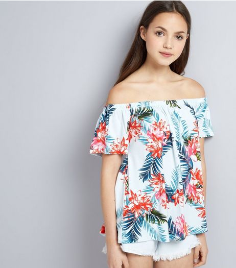 Teens Blue Tropical Bardot Neck Top | New Look