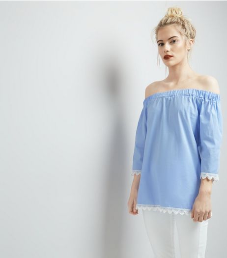 Cameo Rose Blue Crochet Trim Bardot Top | New Look