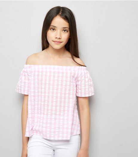 Teens Pink Gingham Seersucker Bardot Neck Top | New Look