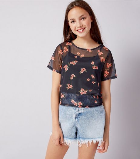 Teens Black Floral Mesh Top | New Look