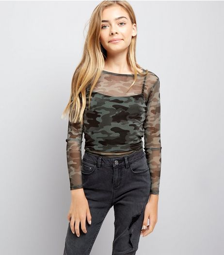 Teens Green Camo Print Sheer Top | New Look