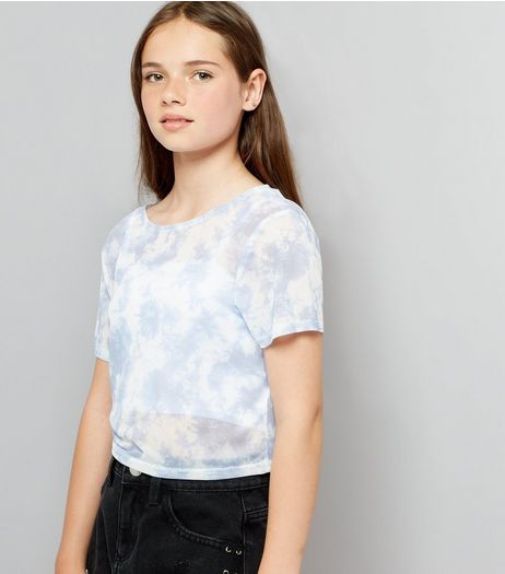 Teens Pale Blue Tie Dye Mesh Crop T-Shirt | New Look