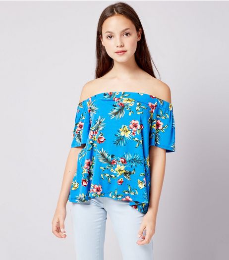 Teens Blue Tropical Print Bardot Neck Top | New Look