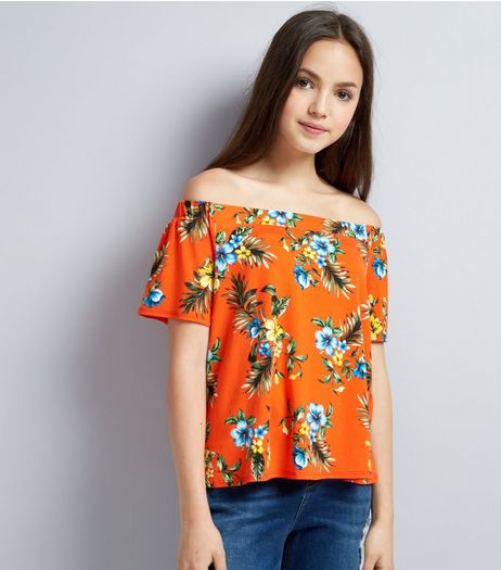 Teens Orange Tropical Print Bardot Neck Top | New Look