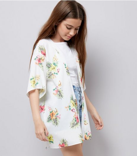 Teens White Tropical Floral Print Kimono | New Look