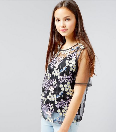 Teens Black Floral Embroidered Mesh T-Shirt | New Look