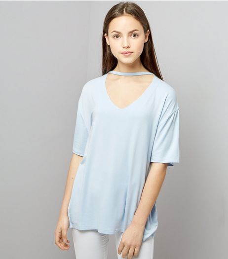 Teens Pale Blue Choker Neck Oversized T-Shirt | New Look