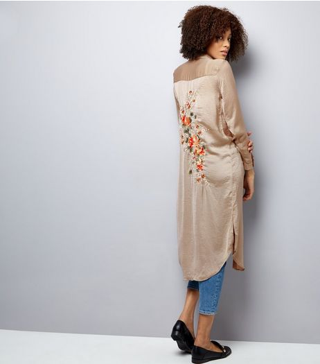 Blue Vanilla Bronze Floral Embroidered Satin Longline Shirt | New Look