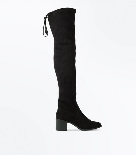 Black Suedette Over The Knee Block Heel Boots | New Look