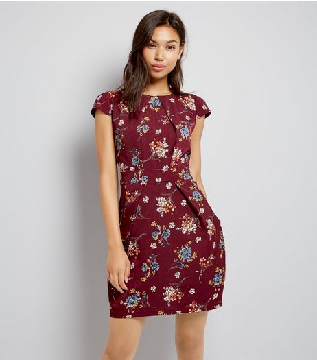 Blue Vanilla Burgundy Floral Print Tulip Dress | New Look
