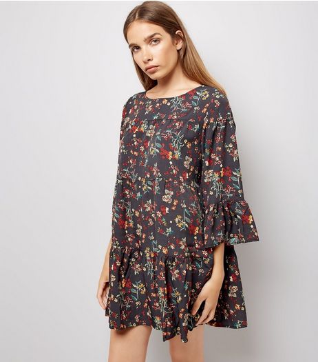 Blue Vanilla Grey Floral Tiered Frill Smock Dress | New Look