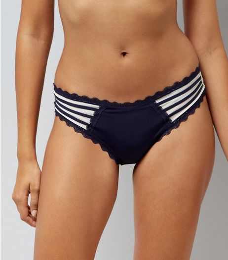 Navy Strappy Mesh Side Thong | New Look