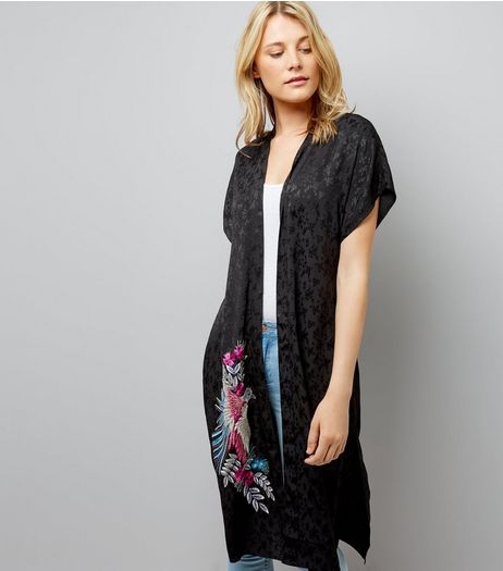Black Embroidered Bird Longline Kimono | New Look