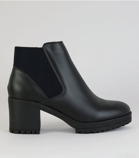 Black Leather Chunky Heel Boots | New Look