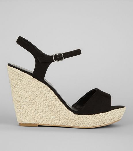Black Wedged Espadrille Heeled Sandals | New Look