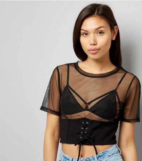 Black Mesh Corset Hem Crop Top | New Look