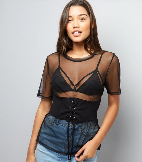Black Mesh Corset Waist Boyfriend T-Shirt | New Look