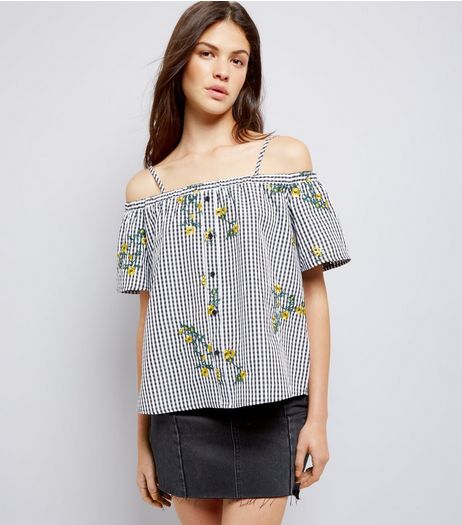 Blue Vanilla Black Gingham Embroidered Top | New Look