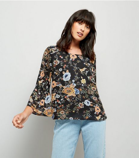 Blue Vanilla Black Floral Print Bell Sleeve Chiffon Top | New Look