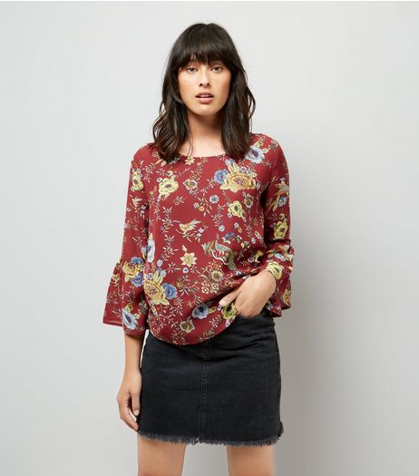 Blue Vanilla Red Floral Print Bell Sleeve Chiffon Top | New Look