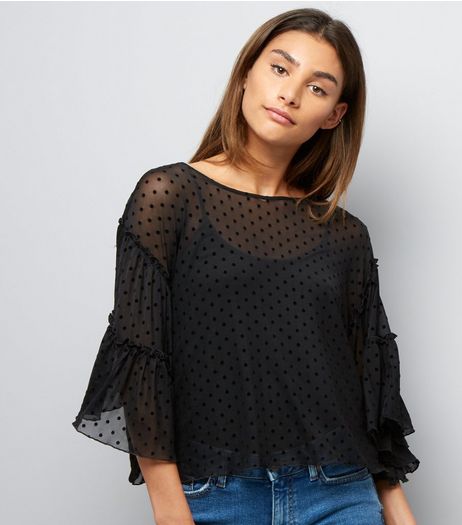 Blue Vanilla Black Mesh Polka Dot Print Top | New Look