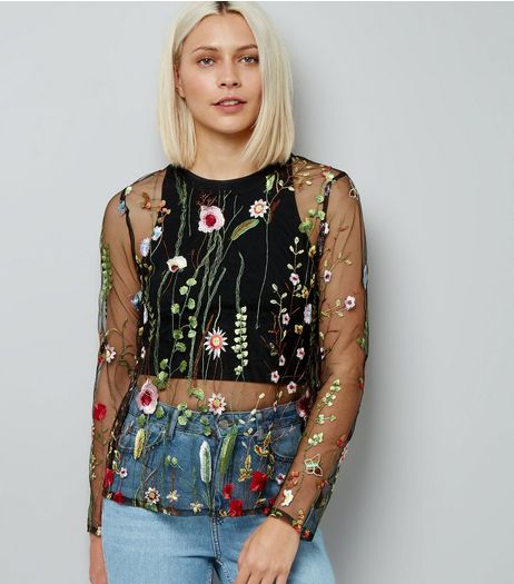 Blue Vanilla Black Floral Embroiered Mesh Top | New Look
