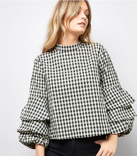 Blue Vanilla Gingham Tiered Frill Sleeve Top | New Look