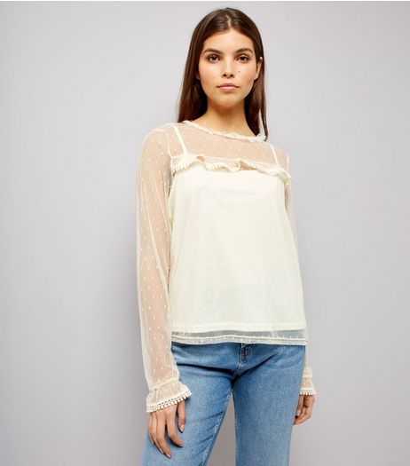 Blue Vanilla Cream Frill Trim Sheer Panel Top | New Look