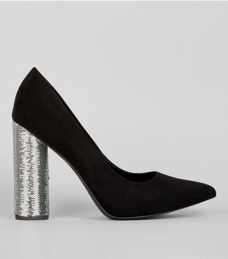 Wide Fit Black Suedette Sequin Block Heels | New Look
