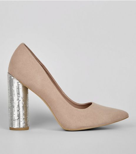 Wide Fit Suedette Brown Sequin Block Heels | New Look