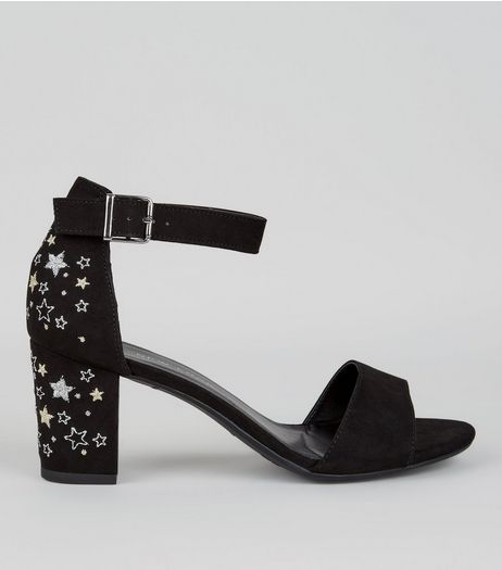 Teens Black Star Embroidered Block Heels | New Look