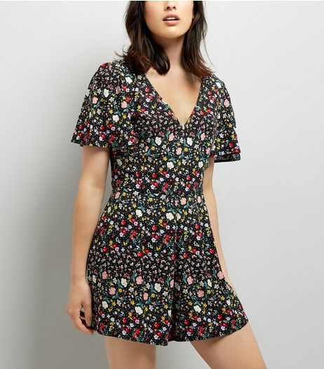 Black Floral Print Playsuit | New Look