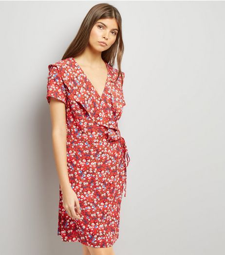 Red Floral Print V Neck Frill Trim Wrap Front Dress | New Look