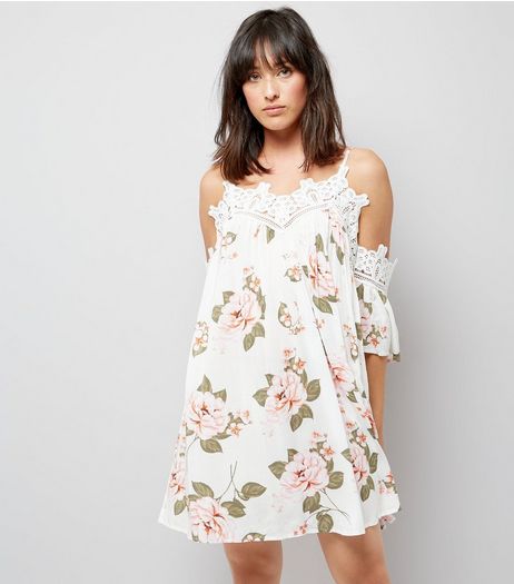 White Floral Print Lace Trim Cold Shoulder Swing Dress | New Look