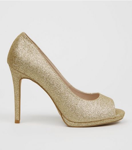 Wide Fit Gold Glitter Peep Toe Heels | New Look