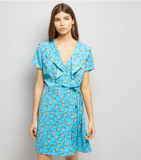 Blue Floral Print V Neck Frill Trim Wap Front Dress | New Look
