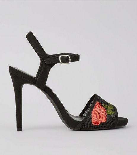 Wide Fit Black Rose Embroidered Heeled Sandals | New Look