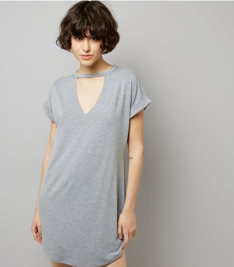 Mid Grey Choker Neck T-Shirt Dress | New Look