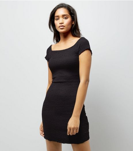 Black Shirred Bodycon Bardot Neck Dress | New Look