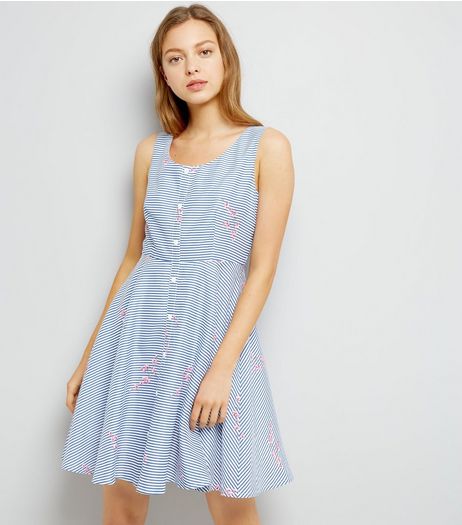 Mela Navy Stripe Floral Trim Button Front Dress | New Look