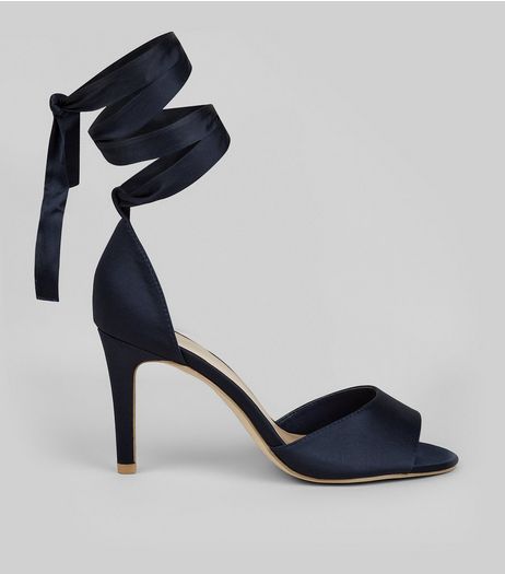 Wide Fit Navy Satin Ankle Tie Heels | New Look