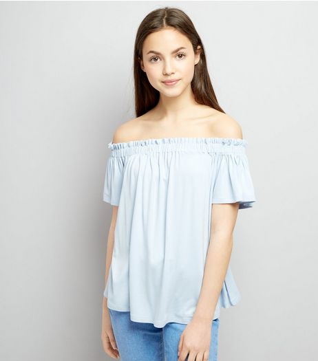 Teens Pale Blue Bardot Neck Top | New Look