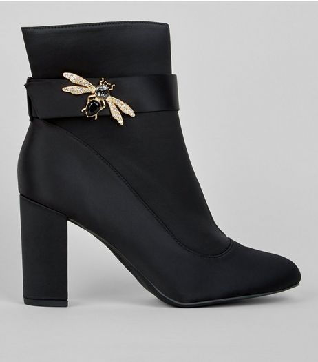 Wide Fit Black Satin Bee Embellished Boots | New Look