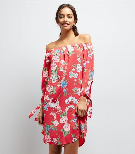 Red Floral Print Tie Sleeve Bardot Neck Dress | New Look