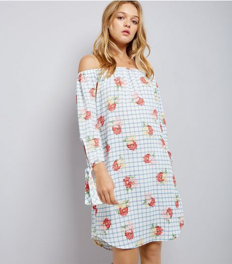 White Check Floral Print Bardot Neck Dress | New Look
